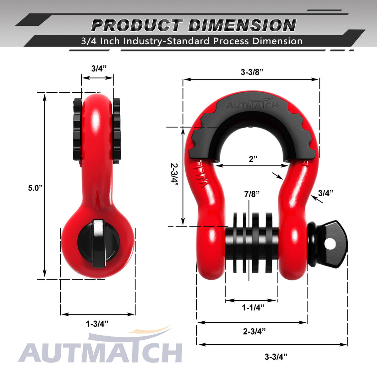 AUTMATCH 3/4" D Ring Shackles with 7/8" Screw Pin and Shackle Isolator