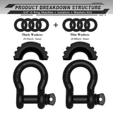 AUTMATCH 3/4" D Ring Shackle (2 Pack) 41,887Ib Break Strength with 7/8" Screw Pin and Isolator & Washer Kit Matte Black