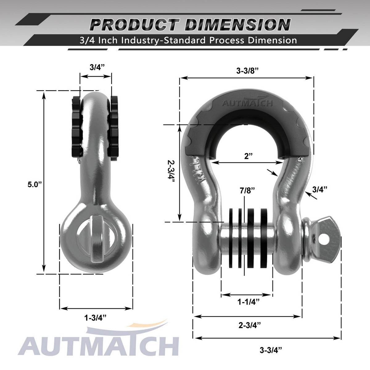 AUTMATCH 3/4" D Ring Shackles with 7/8" Screw Pin and Shackle Isolator