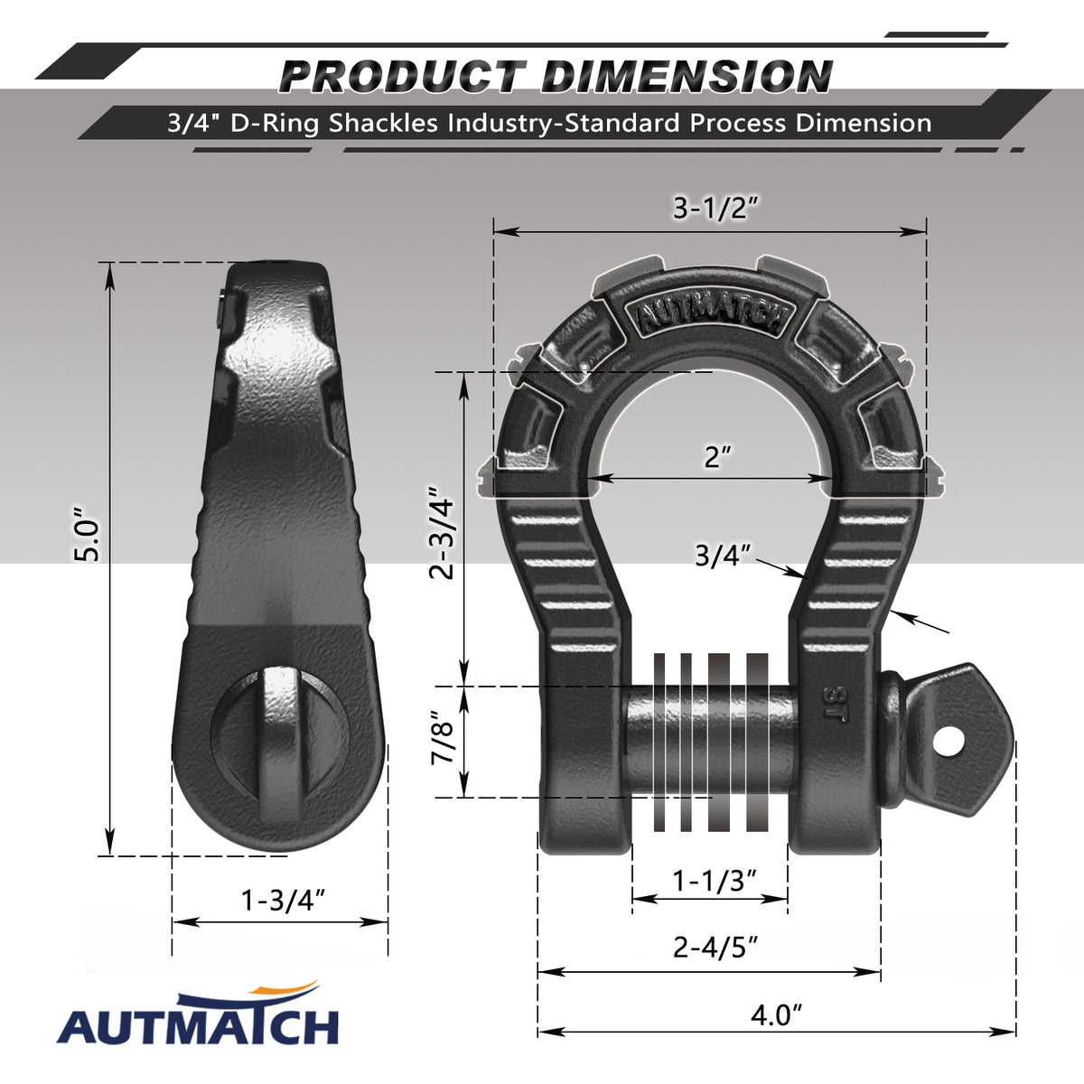 AUTMATCH 3/4" D Ring Mega Shackles with 7/8" Screw Pin and Shackle