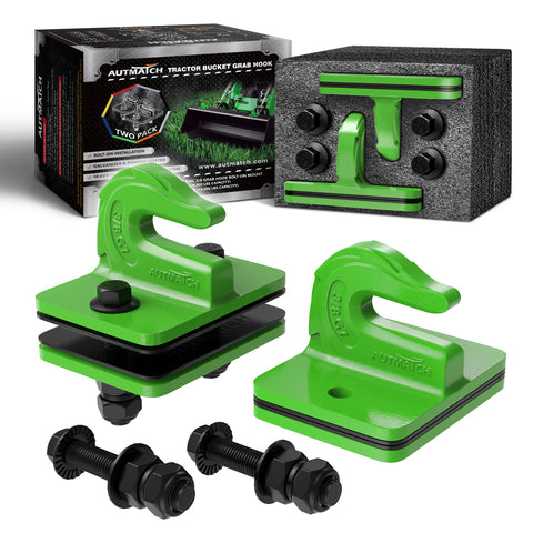 AUTMATCH Tractor Bucket Grab Hook 3/8" (2 Pack), Grade 70 Forged Steel Bolt On Grab Hook Tow Hook Mount with Backer Plate & Rubber Pads, Max 18,000Lbs Work for Loader, Tractor Bucket, Truck, Green