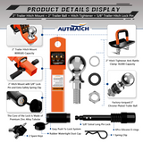 AUTMATCH Trailer Hitch Ball Mount with 2 Inch Hitch Ball - Fits 2" Receiver with Hitch Tightener, 8000Lbs Capacity Ball Hitch, 2-Inch Drop with 5/8" Hitch Lock Pin, Orange