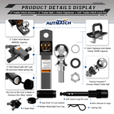 AUTMATCH Trailer Hitch Ball Mount with 2 Inch Hitch Ball - Fits 2" Receiver with Hitch Tightener, 8000Lbs Capacity Ball Hitch, 2-Inch Drop with 5/8" Hitch Lock Pin,Gunmetal Gray