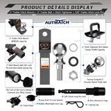 AUTMATCH Trailer Hitch Ball Mount with 2 Inch Hitch Ball - Fits 2" Receiver with Hitch Tightener, 8000Lbs Capacity Ball Hitch, 2-Inch Drop with 5/8" Hitch Lock Pin,Grainstone