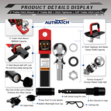 AUTMATCH Trailer Hitch Ball Mount with 2 Inch Hitch Ball - Fits 2" Receiver with Hitch Tightener, 8000Lbs Capacity Ball Hitch, 2-Inch Drop with 5/8" Hitch Lock Pin,Red & Black