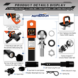 AUTMATCH Trailer Hitch Ball Mount with 2 Inch Hitch Ball - Fits 2" Receiver with Hitch Tightener, 8000Lbs Capacity Ball Hitch, 2-Inch Drop with 5/8" Hitch Lock Pin,Orange & Black