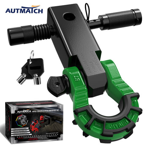 AUTMATCH Mega Shackle Hitch Receiver 2 Inch with 3/4" D Ring Shackle and 5/8" Trailer Hitch Lock Pin, 68,000 Lbs Break Strength, Black & Dark Green