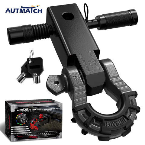 AUTMATCH Mega Shackle Hitch Receiver 2 Inch with 3/4" D Ring Shackle and 5/8" Trailer Hitch Lock Pin, 68,000 Lbs Break Strength, Black & Gunmetal