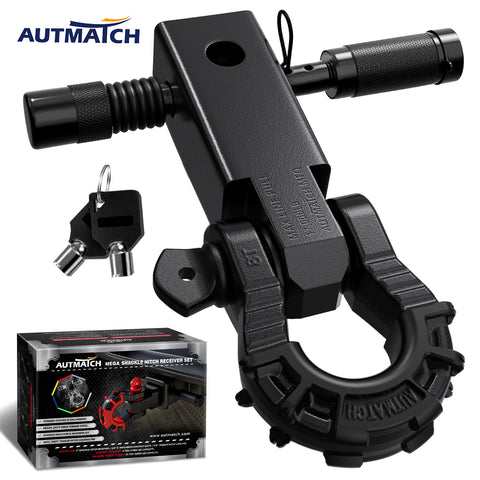 AUTMATCH Mega Shackle Hitch Receiver 2 Inch with 3/4" D Ring Shackle and 5/8" Trailer Hitch Lock Pin, 68,000 Lbs Break Strength, Frosted Black