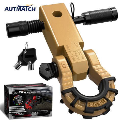 AUTMATCH Mega Shackle Hitch Receiver 2 Inch with 3/4" D Ring Shackle and 5/8" Trailer Hitch Lock Pin, 68,000 Lbs Break Strength, Gold