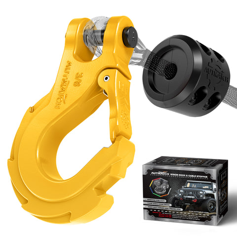 AUTMATCH Winch Hook Safety Latch 3/8" - Grade 70 Forged Steel Clevis Slip Hook and Winch Cable Hook Stopper, Max 39,600Lbs, Yellow