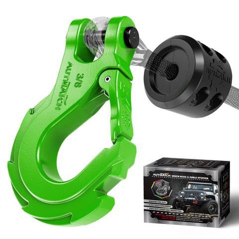 AUTMATCH Winch Hook Safety Latch 3/8" - Grade 70 Forged Steel Clevis Slip Hook and Winch Cable Hook Stopper, Max 39,600Lbs, Green