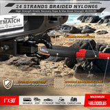 AUTMATCH Kinetic Recovery Tow Rope 1" x 30FT - Heavy Duty Energy Recovery Rope 48000Lbs, 35% Elasticity Offroad Snatch Strap for 4x4 Off-Road Vehicle, Truck, Trailer, ATV, UTV, Red