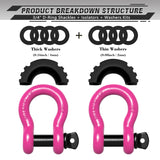 AUTMATCH 3/4" D Ring Shackle (2 Pack) 41,887Ib Break Strength with 7/8" Screw Pin and Isolator & Washer Kit Pink & Black