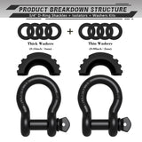 AUTMATCH 3/4" D Ring Shackle (2 Pack) 41,887Ib Break Strength with 7/8" Screw Pin and Isolator & Washer Kit Frosted Black