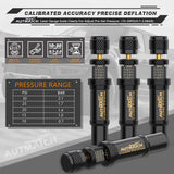 AUTMATCH Adjustable Tire Deflator Valve Kit (10-30PSI) - Automatic Brass Screw-on Tire Air Down Tool Kit (4Pack), Ultimate Auto-Stop Tire Deflators for 4x4 Offroad Vehicles, Jeep, Truck, SUV - Black