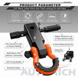 AUTMATCH Shackle Hitch Receiver 2 Inch with 3/4" D Ring Shackle and 5/8" Trailer Hitch Lock Pin 45,000 Lbs Break Strength Black & Orange