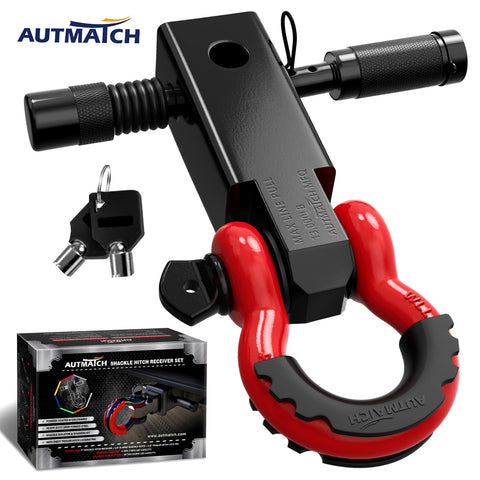 AUTMATCH Shackle Hitch Receiver 2 Inch with 3/4" D Ring Shackle and 5/8" Trailer Hitch Lock Pin 45,000 Lbs Break Strength Black & Red