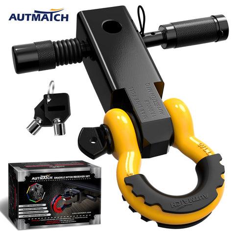 AUTMATCH Shackle Hitch Receiver 2 Inch with 3/4" D Ring Shackle and 5/8" Trailer Hitch Lock Pin 45,000 Lbs Break Strength Black & Yellow