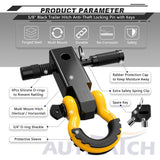 AUTMATCH Shackle Hitch Receiver 2 Inch with 3/4" D Ring Shackle and 5/8" Trailer Hitch Lock Pin 45,000 Lbs Break Strength Black & Yellow