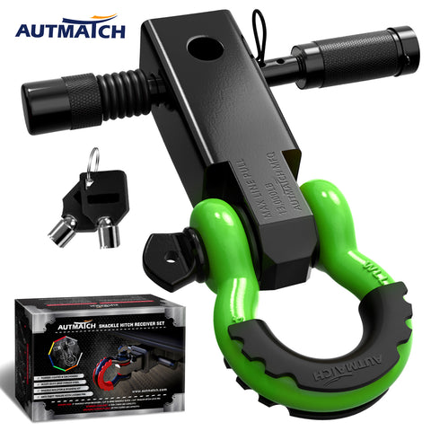 AUTMATCH Shackle Hitch Receiver 2 Inch with 3/4" D Ring Shackle and 5/8" Trailer Hitch Lock Pin 45,000 Lbs Break Strength Black & Green