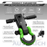 AUTMATCH Shackle Hitch Receiver 2 Inch with 3/4" D Ring Shackle and 5/8" Trailer Hitch Lock Pin 45,000 Lbs Break Strength Black & Green