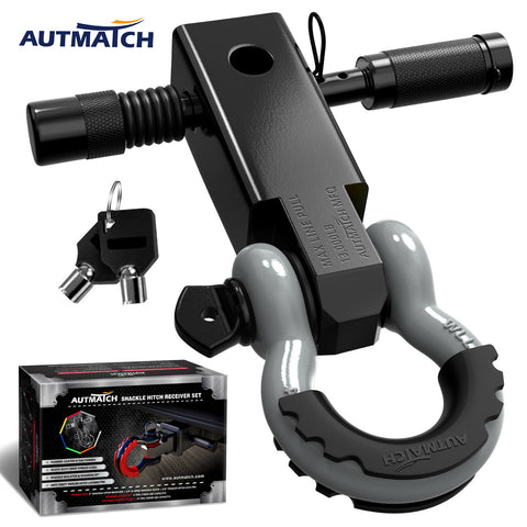AUTMATCH Shackle Hitch Receiver 2 Inch with 3/4" D Ring Shackle and 5/8" Trailer Hitch Lock Pin 45,000 Lbs Break Strength Black & Gray