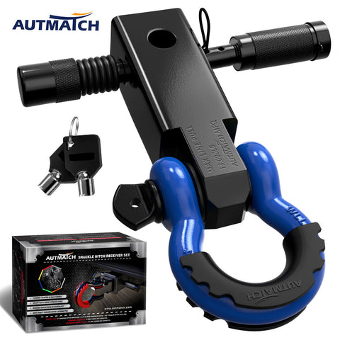 AUTMATCH Shackle Hitch Receiver 2 Inch with 3/4" D Ring Shackle and 5/8" Trailer Hitch Lock Pin 45,000 Lbs Break Strength Black & Blue