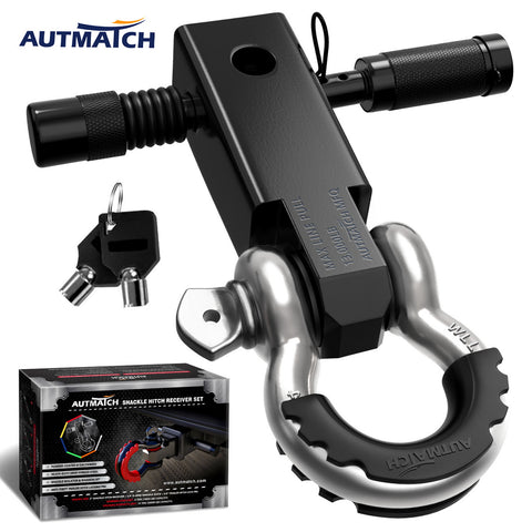 AUTMATCH Shackle Hitch Receiver 2 Inch with 3/4" D Ring Shackle and 5/8" Trailer Hitch Lock Pin 45,000 Lbs Break Strength Black & Silver