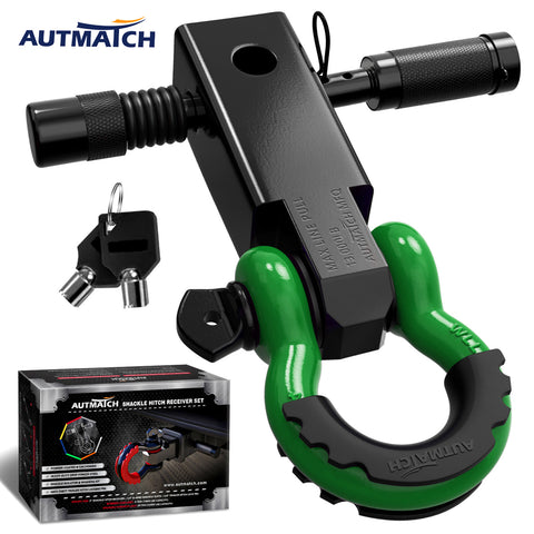 AUTMATCH Shackle Hitch Receiver 2 Inch with 3/4" D Ring Shackle and 5/8" Trailer Hitch Lock Pin 45,000 Lbs Break Strength Black & Dark Green