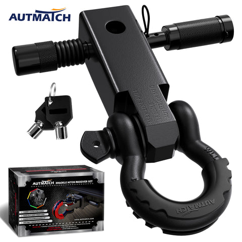 AUTMATCH Shackle Hitch Receiver 2 Inch with 3/4" D Ring Shackle and 5/8" Trailer Hitch Lock Pin, 45,000 Lbs Break Strength, Heavy Duty Receiver Kit for Vehicle Recovery, Frosted Black