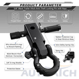 AUTMATCH Shackle Hitch Receiver 2 Inch with 3/4" D Ring Shackle and 5/8" Trailer Hitch Lock Pin, 45,000 Lbs Break Strength, Heavy Duty Receiver Kit for Vehicle Recovery, Frosted Black