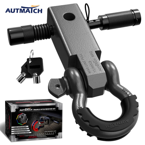 AUTMATCH Shackle Hitch Receiver 2 Inch with 3/4" D Ring Shackle and 5/8" Trailer Hitch Lock Pin, 45,000 Lbs Break Strength, Heavy Duty Receiver Kit for Vehicle Recovery, Gunmetal Gray