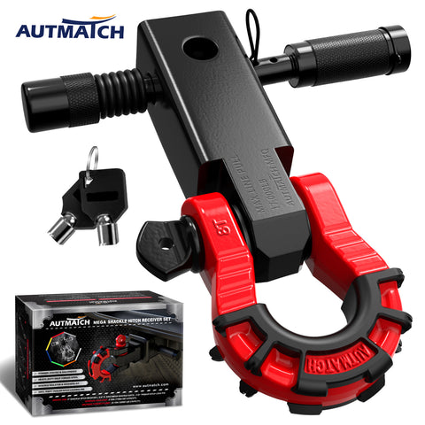 AUTMATCH Mega Shackle Hitch Receiver 2 Inch with 3/4" D Ring Shackle and 5/8" Trailer Hitch Lock Pin, 68,000 Lbs Break Strength, Black & Red