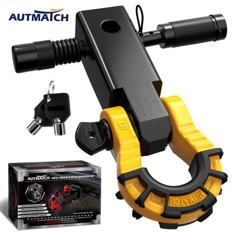AUTMATCH Mega Shackle Hitch Receiver 2 Inch with 3/4" D Ring Shackle and 5/8" Trailer Hitch Lock Pin, 68,000 Lbs Break Strength, Black & Yellow