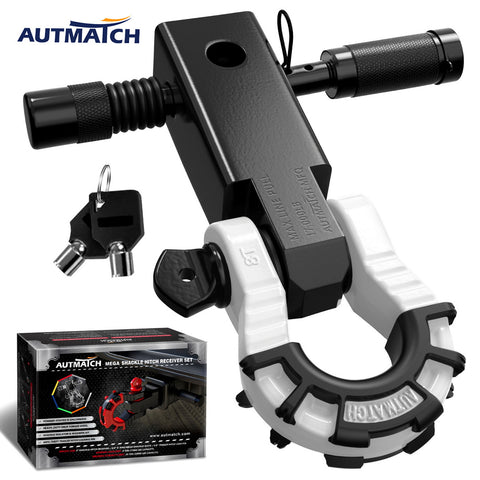 AUTMATCH Mega Shackle Hitch Receiver 2 Inch with 3/4" D Ring Shackle and 5/8" Trailer Hitch Lock Pin, 68,000 Lbs Break Strength, Black & White