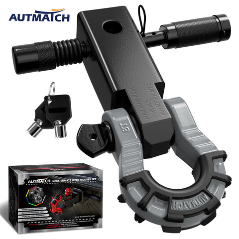 AUTMATCH Mega Shackle Hitch Receiver 2 Inch with 3/4" D Ring Shackle and 5/8" Trailer Hitch Lock Pin, 68,000 Lbs Break Strength, Black & Gray