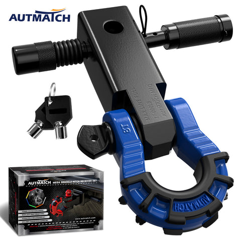 AUTMATCH Mega Shackle Hitch Receiver 2 Inch with 3/4" D Ring Shackle and 5/8" Trailer Hitch Lock Pin, 68,000 Lbs Break Strength, Black & Blue