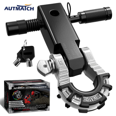 AUTMATCH Mega Shackle Hitch Receiver 2 Inch with 3/4" D Ring Shackle and 5/8" Trailer Hitch Lock Pin, 68,000 Lbs Break Strength, Black & Silver