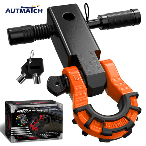AUTMATCH Mega Shackle Hitch Receiver 2 Inch with 3/4" D Ring Shackle and 5/8" Trailer Hitch Lock Pin, 68,000 Lbs Break Strength, Black & Orange