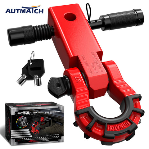 AUTMATCH Mega Shackle Hitch Receiver 2 Inch with 3/4" D Ring Shackle and 5/8" Trailer Hitch Lock Pin, 68,000 Lbs Break Strength, Red