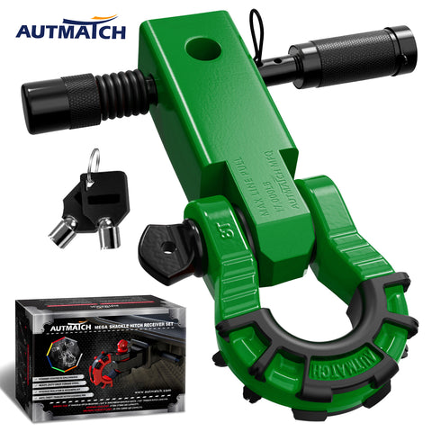 AUTMATCH Mega Shackle Hitch Receiver 2 Inch with 3/4" D Ring Shackle and 5/8" Trailer Hitch Lock Pin, 68,000 Lbs Break Strength, Dark Green