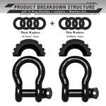 AUTMATCH 3/4" D Ring Shackle (2 Pack) 41,887Ib Break Strength with 7/8" Screw Pin and Isolator & Washer Kit Black