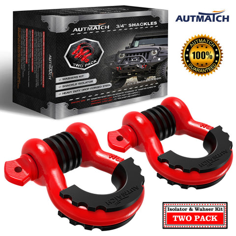 AUTMATCH 3/4" D Ring Shackle (2 Pack) 41,887Ib Break Strength with 7/8" Screw Pin and Isolator & Washer Kit Red