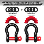 AUTMATCH 3/4" D Ring Shackle (2 Pack) 41,887Ib Break Strength with 7/8" Screw Pin and Isolator & Washer Kit Black & Red