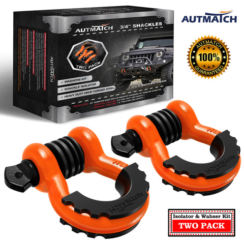 AUTMATCH 3/4" D Ring Shackle (2 Pack) 41,887Ib Break Strength with 7/8" Screw Pin and Isolator & Washer Kit Orange & Black
