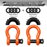 AUTMATCH 3/4" D Ring Shackle (2 Pack) 41,887Ib Break Strength with 7/8" Screw Pin and Isolator & Washer Kit Orange & Black