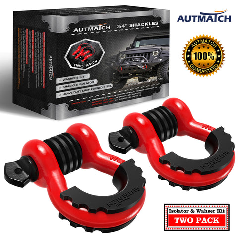 AUTMATCH 3/4" D Ring Shackle (2 Pack) 41,887Ib Break Strength with 7/8" Screw Pin and Isolator & Washer Kit Red & Black