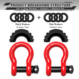AUTMATCH 3/4" D Ring Shackle (2 Pack) 41,887Ib Break Strength with 7/8" Screw Pin and Isolator & Washer Kit Red & Black