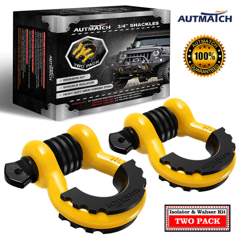 AUTMATCH 3/4" D Ring Shackle (2 Pack) 41,887Ib Break Strength with 7/8" Screw Pin and Isolator & Washer Kit Yellow & Black